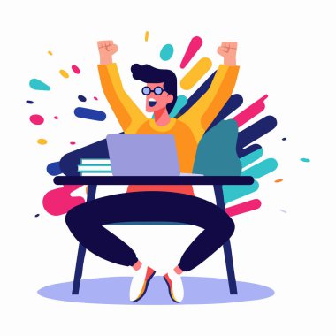 El Çizimi İşadamı arka planda izole edilmiş düz bir şekilde işi bitirmekten mutluluk duyar