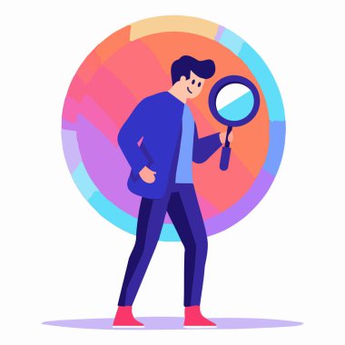 Arka planda düz bir şekilde büyüteçle çizilmiş bir dedektif.