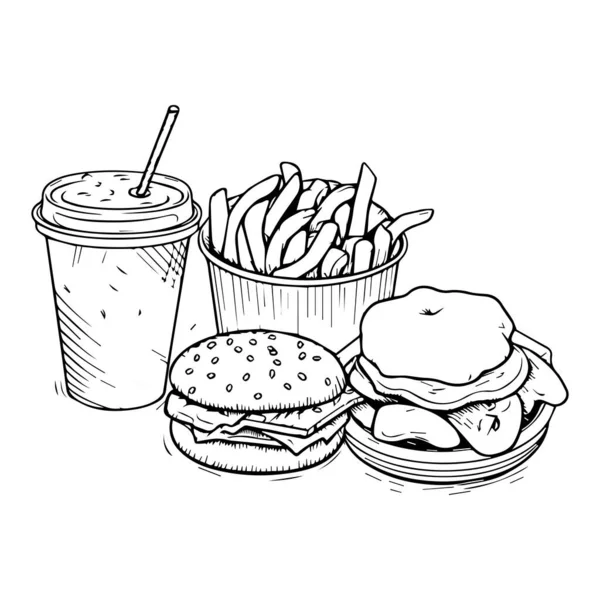 Χέρι Σχεδιασμένο Fast Food Στυλ Doodle Απομονώνονται Στο Παρασκήνιο — Διανυσματικό Αρχείο