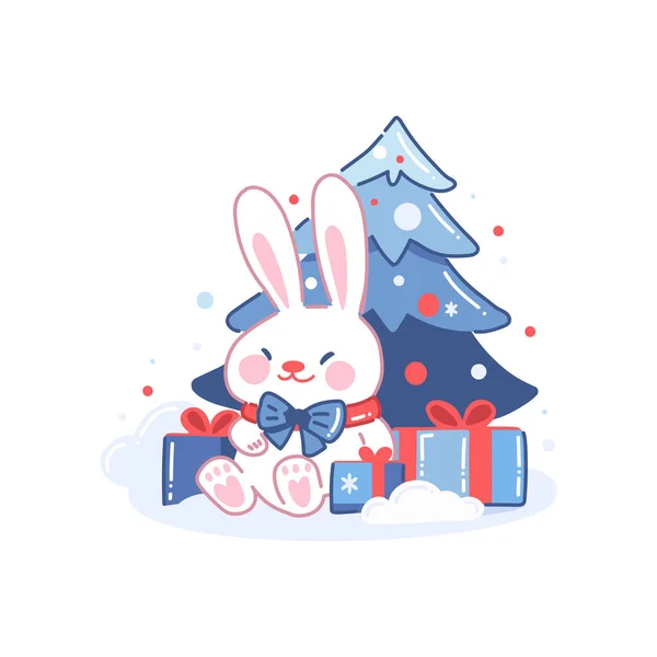 手绘可爱的圣诞兔子 背景上孤立的扁平风格 — 图库矢量图片