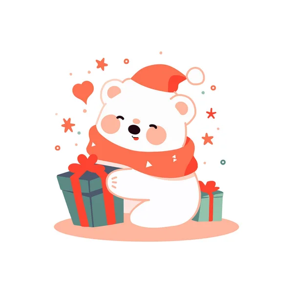 Χέρι Σχεδιασμένο Χαριτωμένο Χριστουγεννιάτικο Αρκουδάκι Επίπεδο Στυλ Που Απομονώνονται Στο — Διανυσματικό Αρχείο