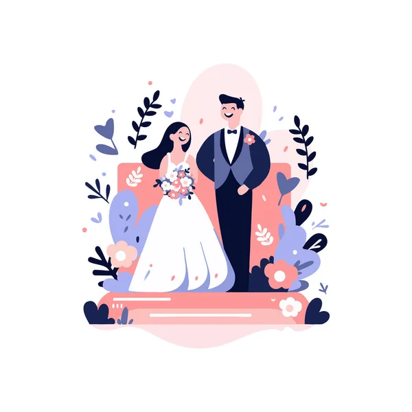 Arka Planda Izole Edilmiş Güzel Bir Düğünle Çizimi Bir Çift — Stok Vektör