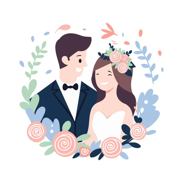 Couple Dessiné Main Avec Beau Mariage Dans Style Plat Isolé — Image vectorielle