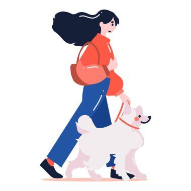 El çizimi, arka planda izole edilmiş şirin köpekli genç kız.