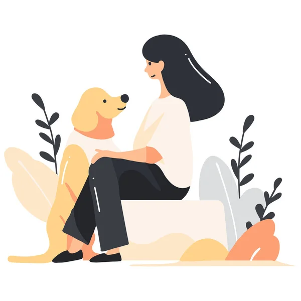 stock vector Hand Drawn teenage girl with cute dog in flat style isolated on background