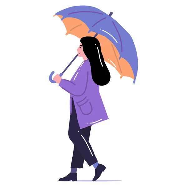 Main Dessinée Jeune Femme Marchant Avec Parapluie Dans Style Plat — Image vectorielle