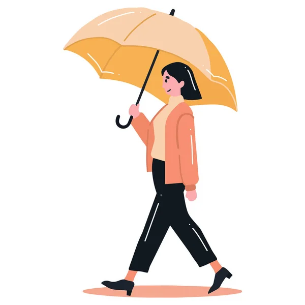 Mujer Joven Dibujada Mano Caminando Con Paraguas Estilo Plano Aislado — Vector de stock