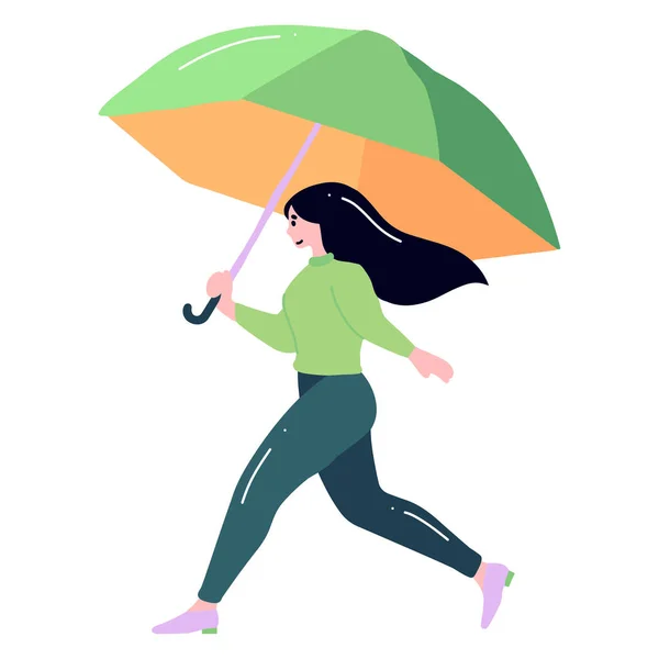 Giovane Donna Disegnata Mano Che Cammina Con Ombrello Stile Piatto — Vettoriale Stock
