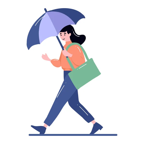 手描かれた若い女性が背景に隔離されたフラットスタイルで傘で歩く — ストックベクタ