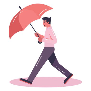 Hand Drawn young man walking with umbrella in flat style isolated on background