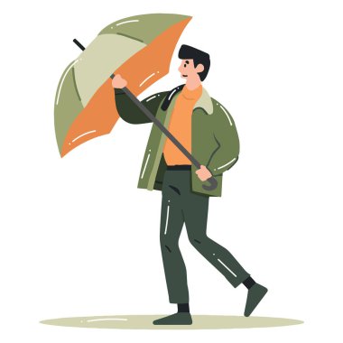 Hand Drawn young man walking with umbrella in flat style isolated on background
