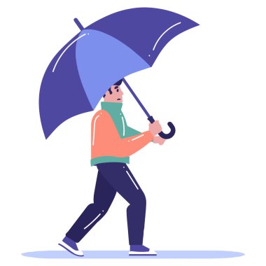 Hand Drawn young man walking with umbrella in flat style isolated on background
