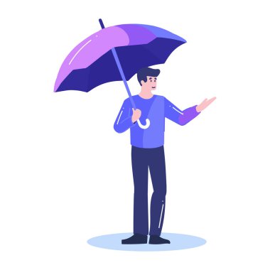 Hand Drawn young man walking with umbrella in flat style isolated on background
