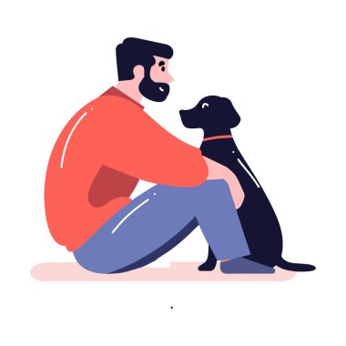 Hand Drawn young man with dog in flat style isolated on background