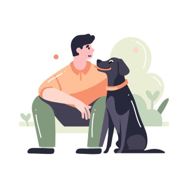 Hand Drawn young man with dog in flat style isolated on background
