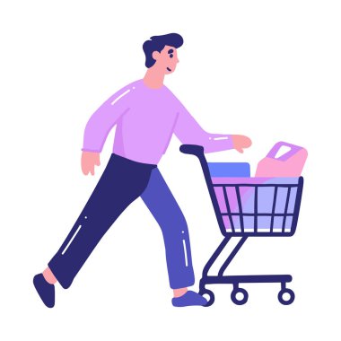 Hand Drawn man with shopping cart in flat style isolated on background
