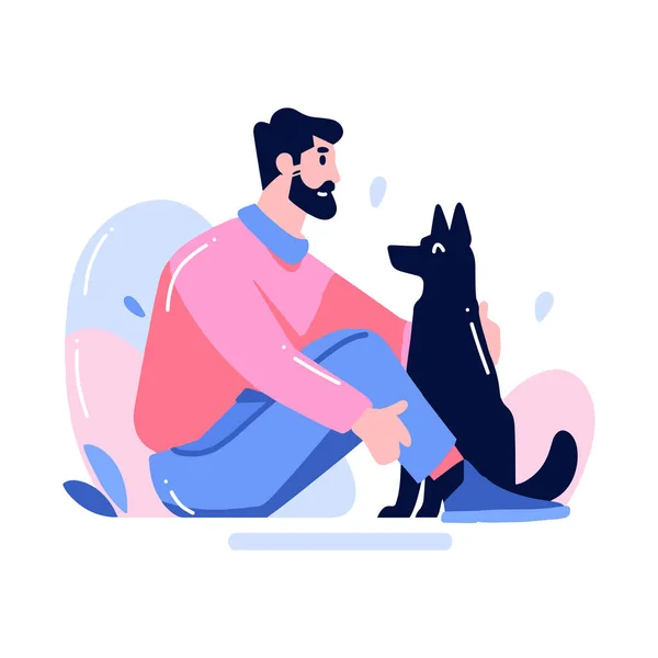 Hand Drawn Young Man Dog Flat Style Isolated Background — Stok Vektör