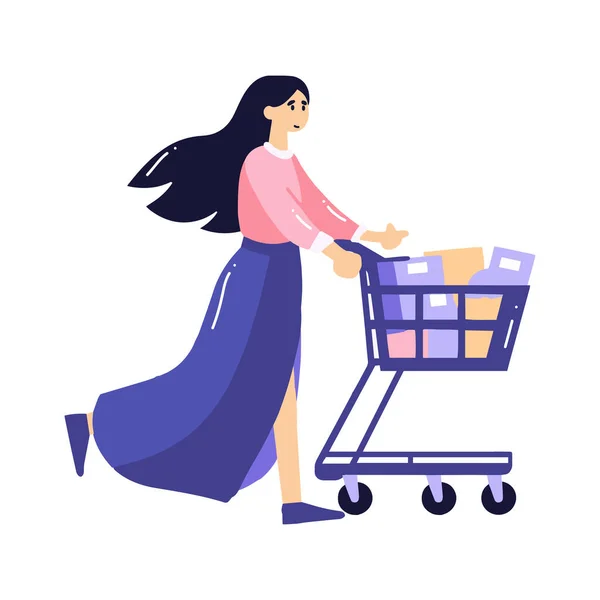 Hand Drawn Woman Shopping Cart Flat Style Isolated Background — Stock Vector
