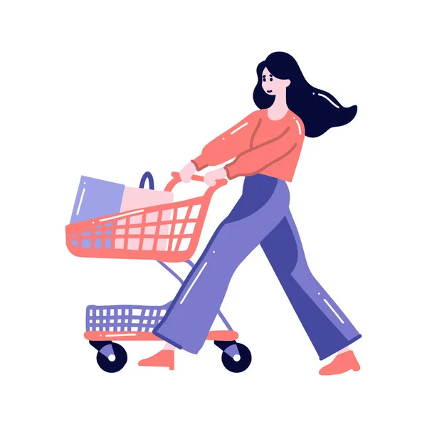 Hand Drawn Woman Shopping Cart Flat Style Isolated Background — Vector de stock