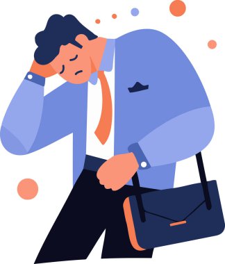 El yapımı ofis çalışanı, arka planda izole edilmiş, düz bir şekilde çalışmaktan yorgun.