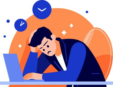 El yapımı ofis çalışanı, arka planda izole edilmiş, düz bir şekilde çalışmaktan yorgun.