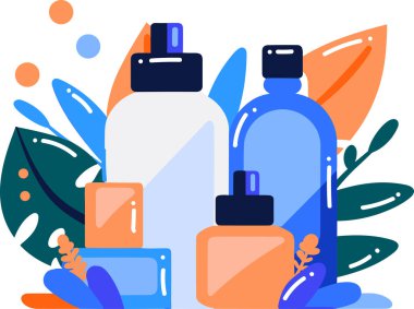 El çizimi kozmetik şişe arka planda izole düz stil seti