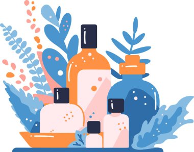 El çizimi kozmetik şişe arka planda izole düz stil seti