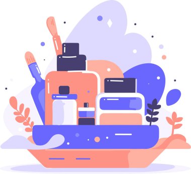 El çizimi kozmetik şişe arka planda izole düz stil seti