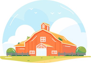 El çizimi ahırlar ve arka planda izole edilmiş düz biçimli çiftlikler