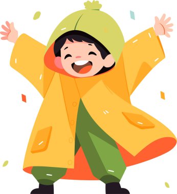 El çizimi Yağmurluk giymiş bir çocuk, arka planda izole bir şekilde yağmur yağdığını gösteren neşeli bir ifade sergiliyor.