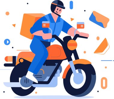 Hand Drawn Biker arka planda izole edilmiş eğlenceli bir şekilde motosiklet sürüyor.