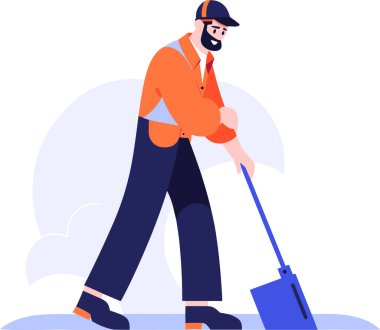 El çizimi mutlu temizlik ekibi arka planda izole bir şekilde zemini temizliyor.