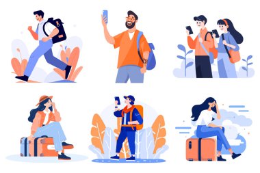 El yapımı turist seyahat ediyor ve arka planda izole edilmiş bir şekilde mutlu bir şekilde fotoğraf çekiyor.