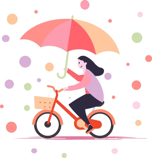 Hand Ritade Vacker Kvinna Rida Cykel Och Hålla Ett Paraply — Stock vektor