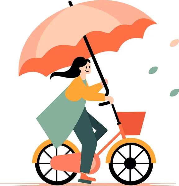 自転車に乗って手描きの美しい女性と背景に隔離されたフラットスタイルの傘を保持 — ストックベクタ