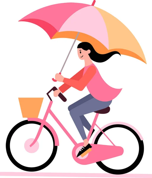 自転車に乗って手描きの美しい女性と背景に隔離されたフラットスタイルの傘を保持 — ストックベクタ
