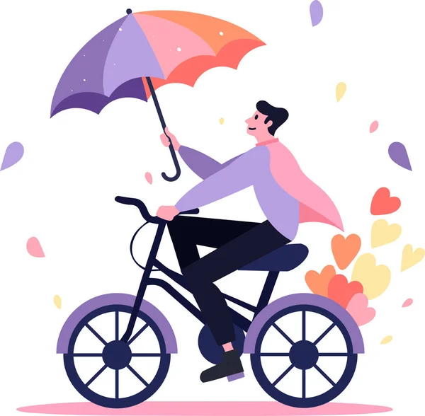 Homme Dessiné Main Vélo Tenant Parapluie Dans Style Plat Isolé — Image vectorielle