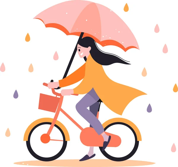 Hand Drawn Beautiful Woman Riding Bicycle Holding Umbrella Flat Style — Stock Vector