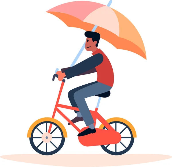 Uomo Disegnato Mano Bicicletta Tenendo Ombrello Stile Piatto Isolato Sfondo — Vettoriale Stock