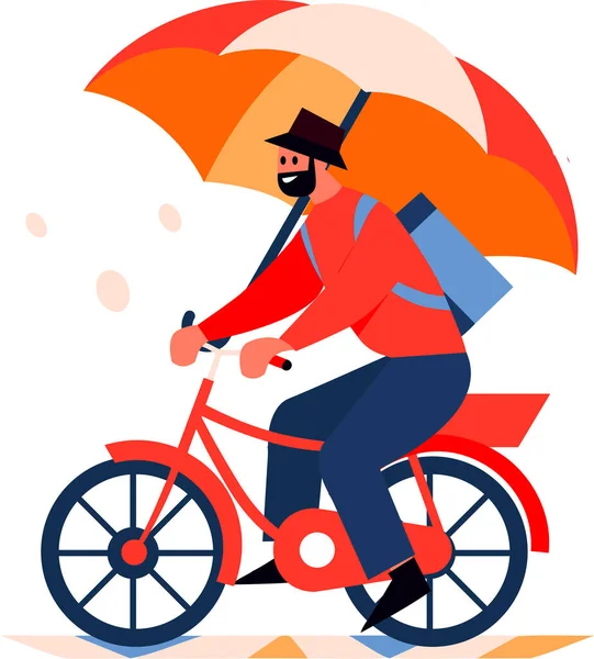 Uomo Disegnato Mano Bicicletta Tenendo Ombrello Stile Piatto Isolato Sfondo — Vettoriale Stock