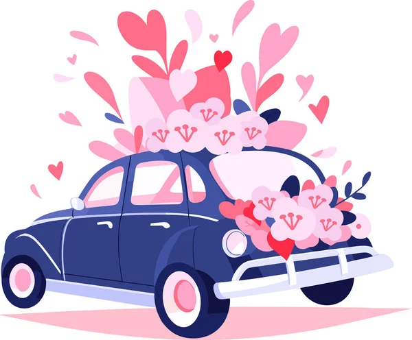 Χειροποίητο Γαμήλιο Αυτοκίνητο Λουλούδια Επίπεδη Στυλ Που Απομονώνονται Φόντο — Διανυσματικό Αρχείο