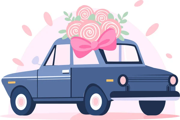 Hand Drawn Wedding Car Flowers Flat Style Isolated Background — Stock Vector