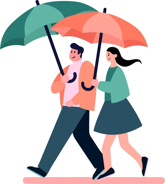 バックグラウンドで隔離されたフラットスタイルで雨に傘を保持する手描きカップル — ストックベクタ