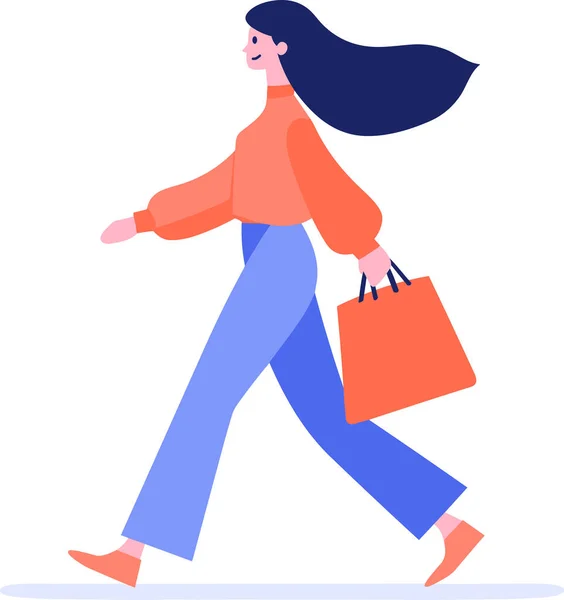 Hand Drawn Happy Woman Holding Shopping Bags Walking Shopping Mall — Stock Vector