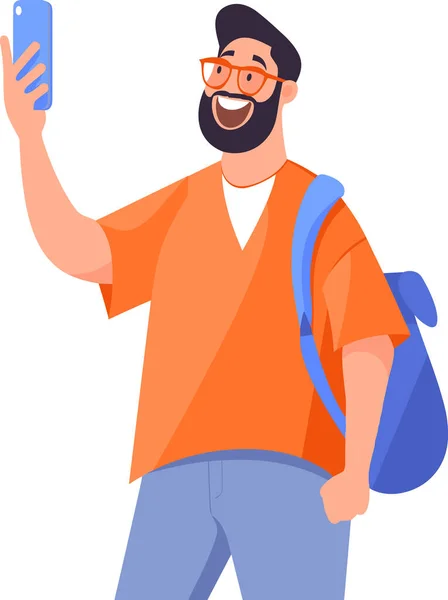 Hand Drawn Tourist Traveling Taking Photos Happily Flat Style Isolated — Stock Vector