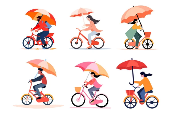 手绘手绘男子骑自行车 拿着一把平整的雨伞 与背景隔离 — 图库矢量图片