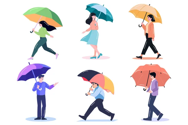 Hand Drawn Couple Holding Umbrellas Rain Flat Style Isolated Background — Stock Vector