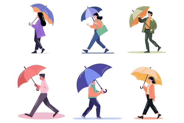 手拉手的夫妇在雨中拿着雨伞 背景是扁平的 — 图库矢量图片