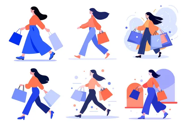 手拉着快乐的女人手拉着购物袋 独立地走在购物中心里 — 图库矢量图片