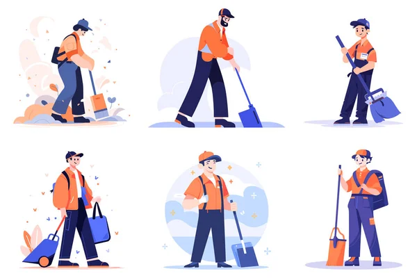 Hand Drawn Happy Cleaning Staff Cleaning Floor Flat Style Isolated — Stock Vector